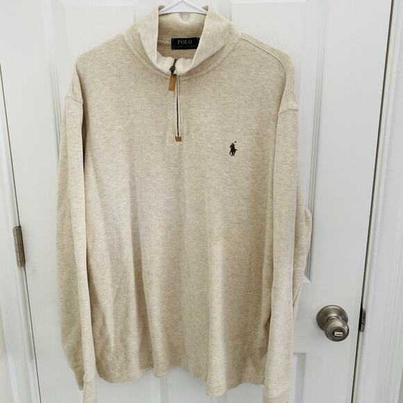 Polo Ralph Lauren Sweater Mens Size Large 1/4 Zip 100% Cotton Leather Pull L - Picture 1 of 5